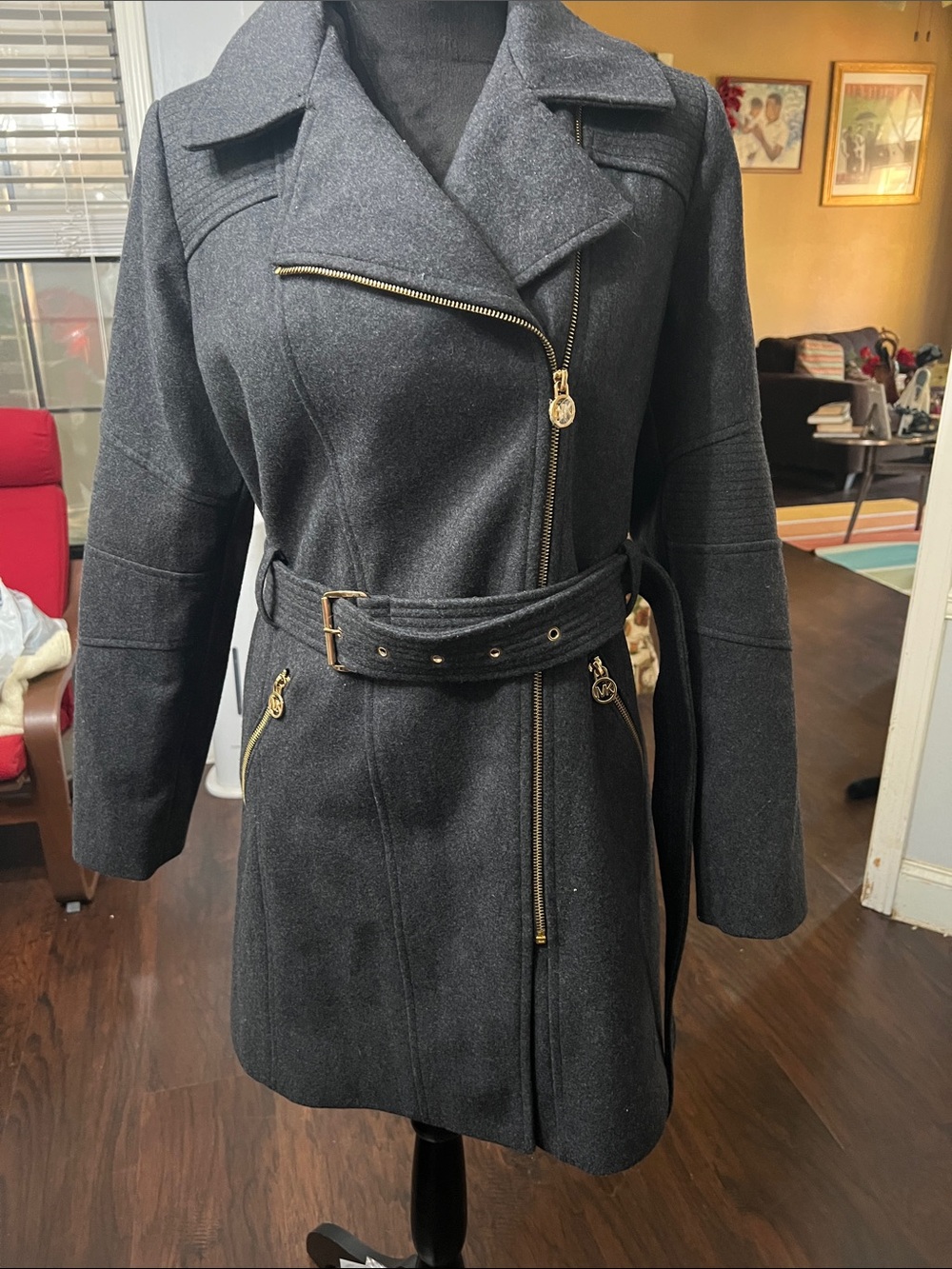 Charcoal Asymmetrical Zip Wool Blend Belted Coat